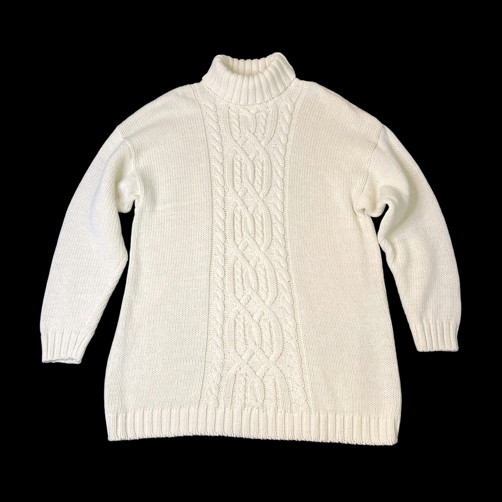 Vintage Class 955 Cream Cable Knit Sweater Women Large Turtleneck Ramie Cotton